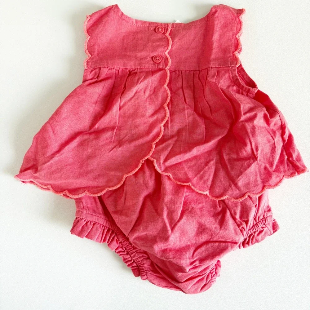 Baby GAP Girls Pink Floral Embroidered Boho Linen Blend Dress‎ Bloomers Set 3-6M